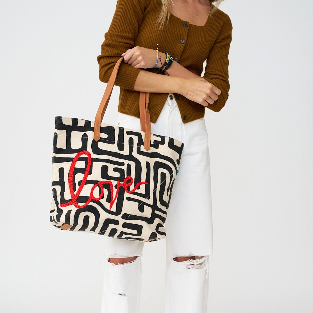 Go-To Tote - Black Kuba with Beaded Red Love