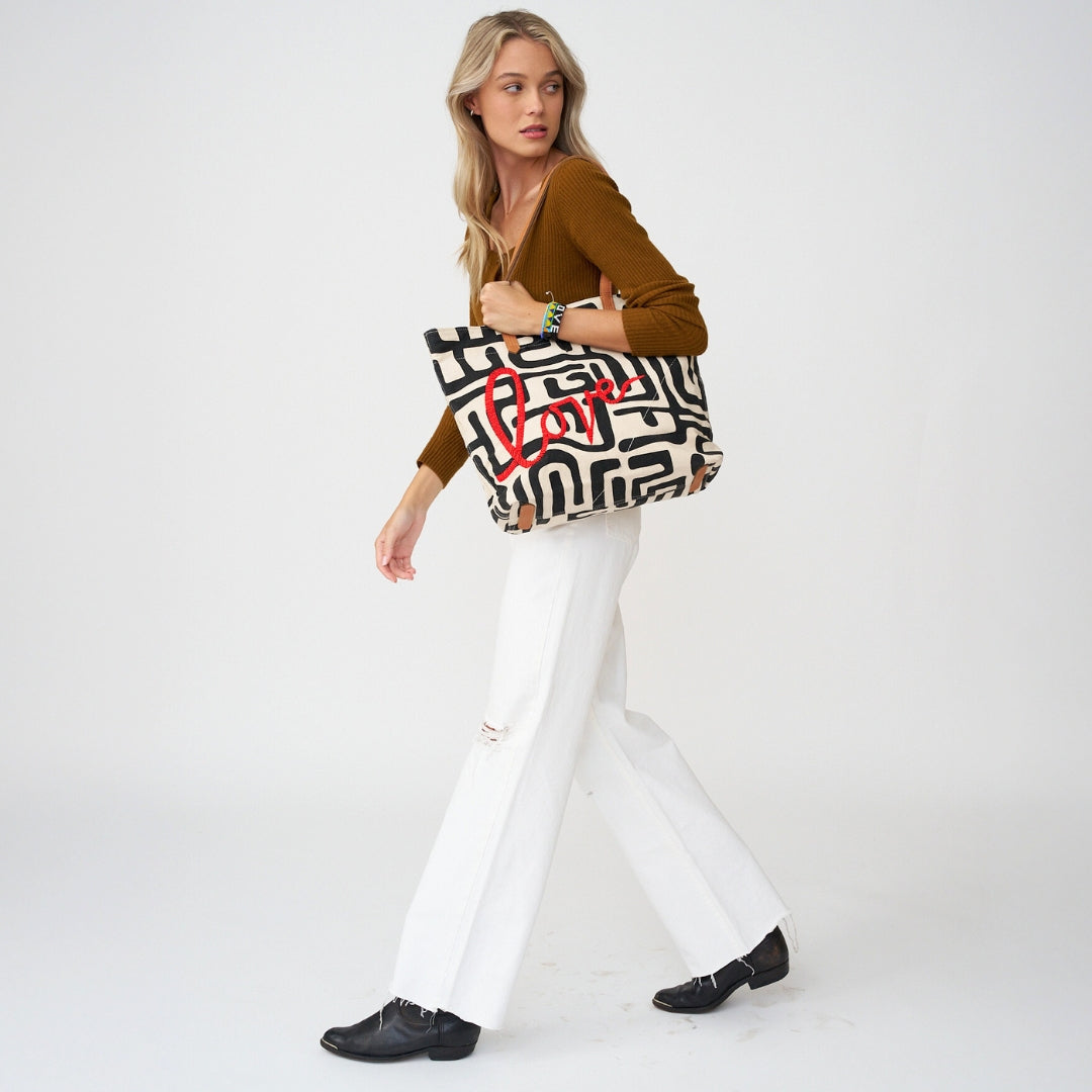 Go-To Tote - Black Kuba with Beaded Red Love