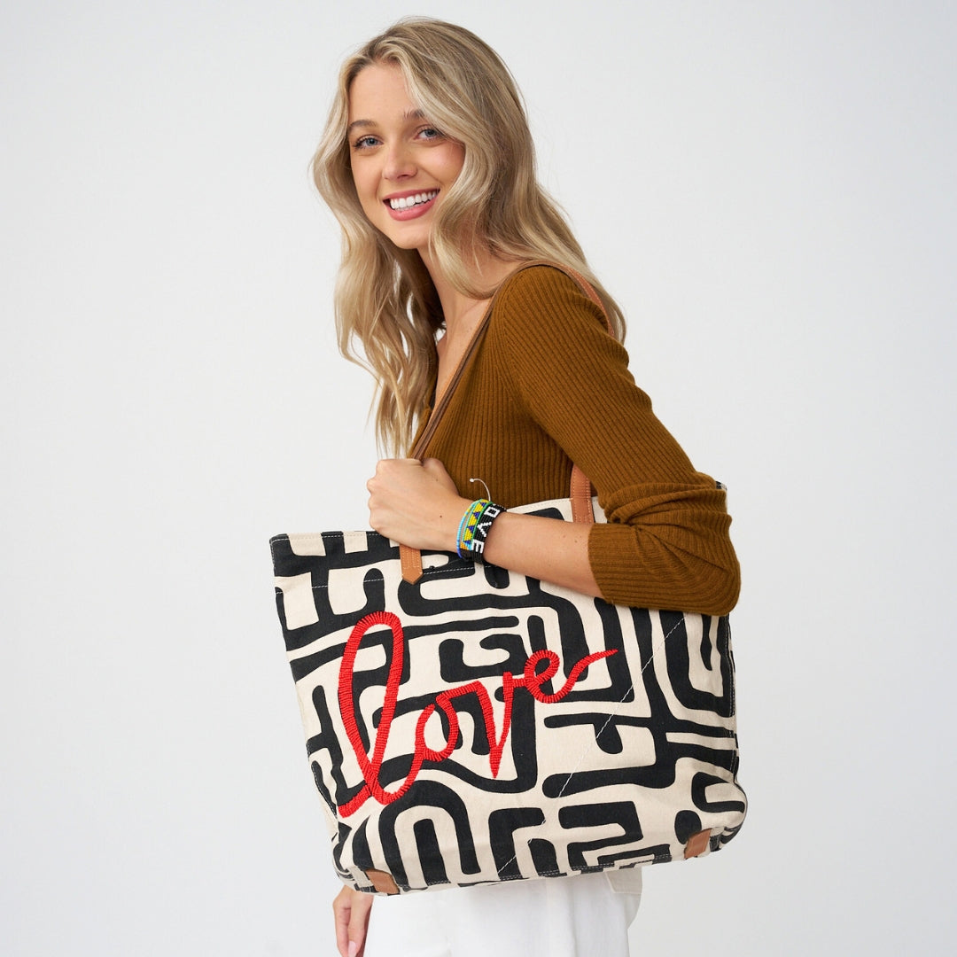 Go-To Tote - Black Kuba with Beaded Red Love