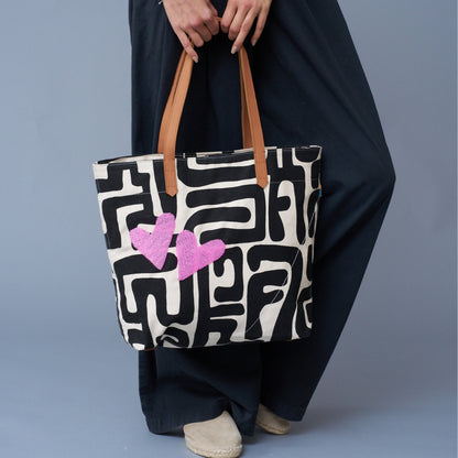 Go-To Tote - Black Kuba with Beaded Pink Hearts