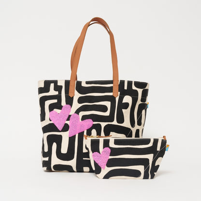 Go-To Tote - Black Kuba with Beaded Pink Hearts