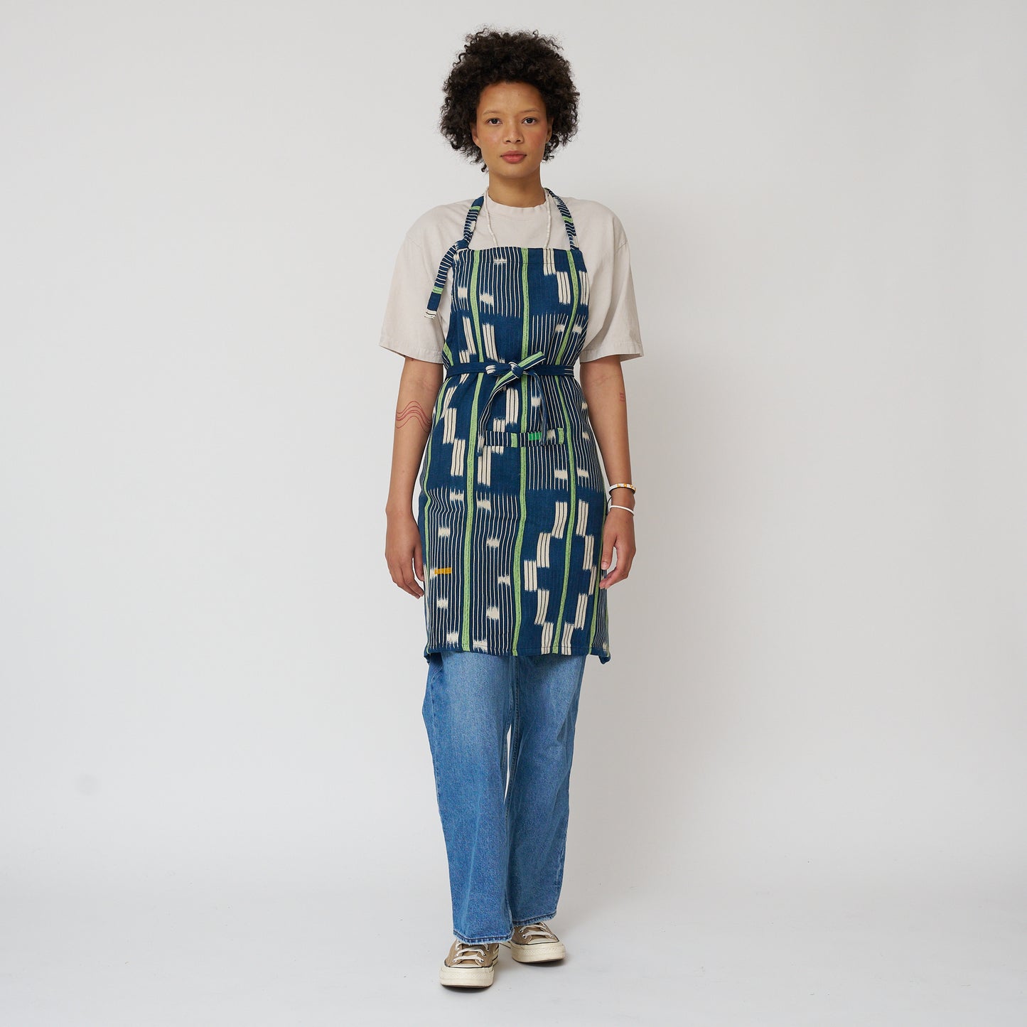 African Baule Apron - Indigo/White/Lime