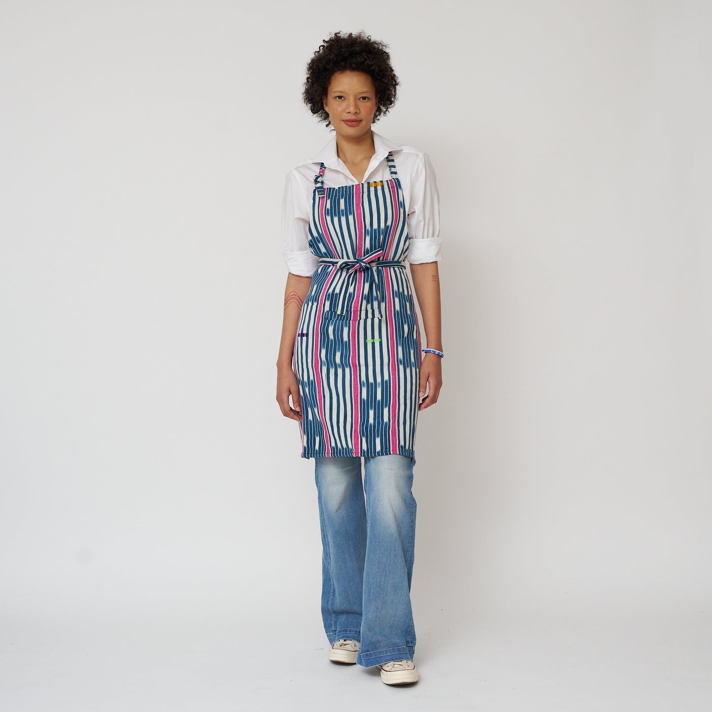 African Baule Apron - Indigo/White/Pink Stripe