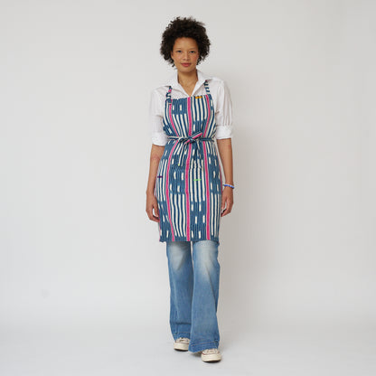 African Baule Apron - Indigo/White/Pink Stripe