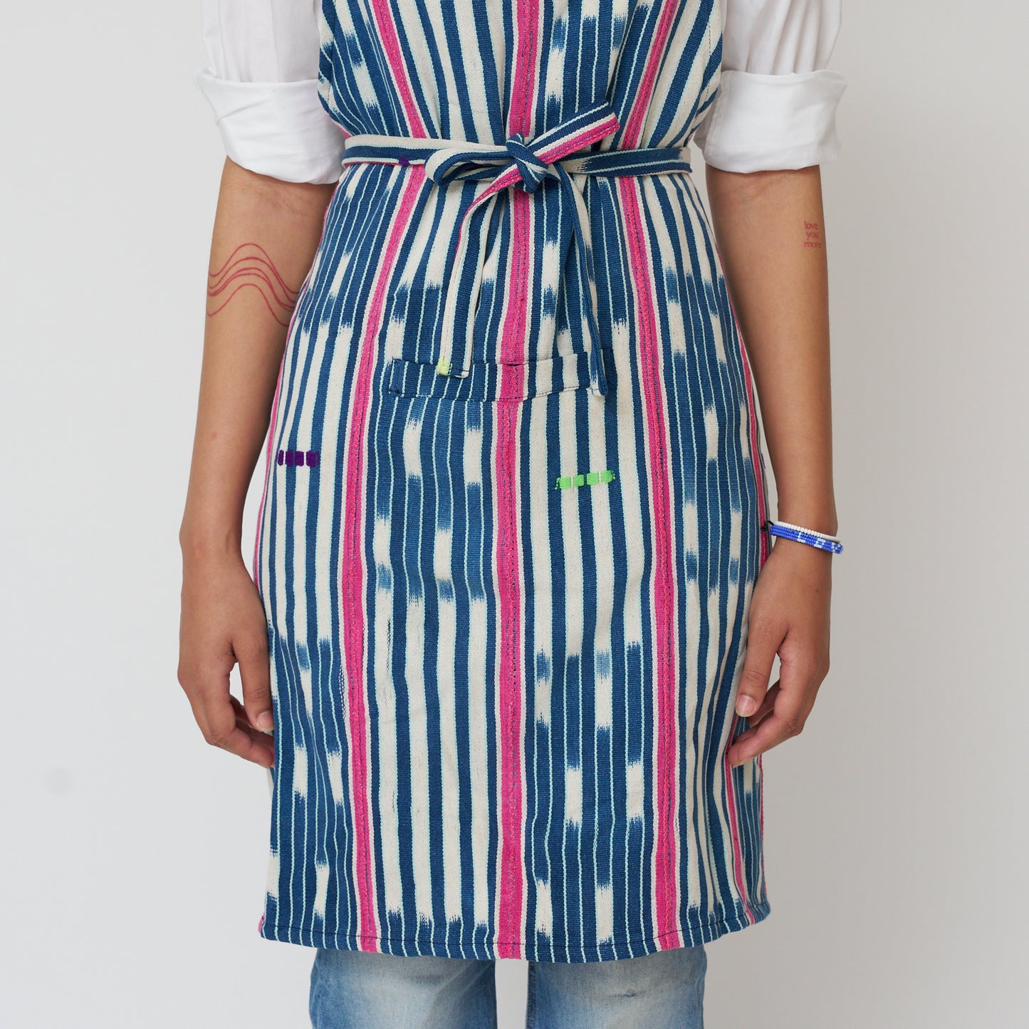 African Baule Apron - Indigo/White/Pink Stripe