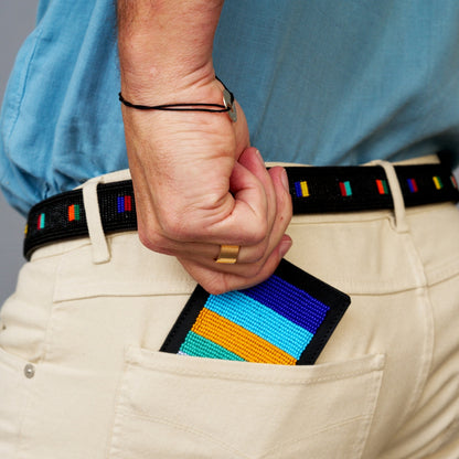 FINAL SALE: Beaded Card Wallet - Multi Blue Stripe