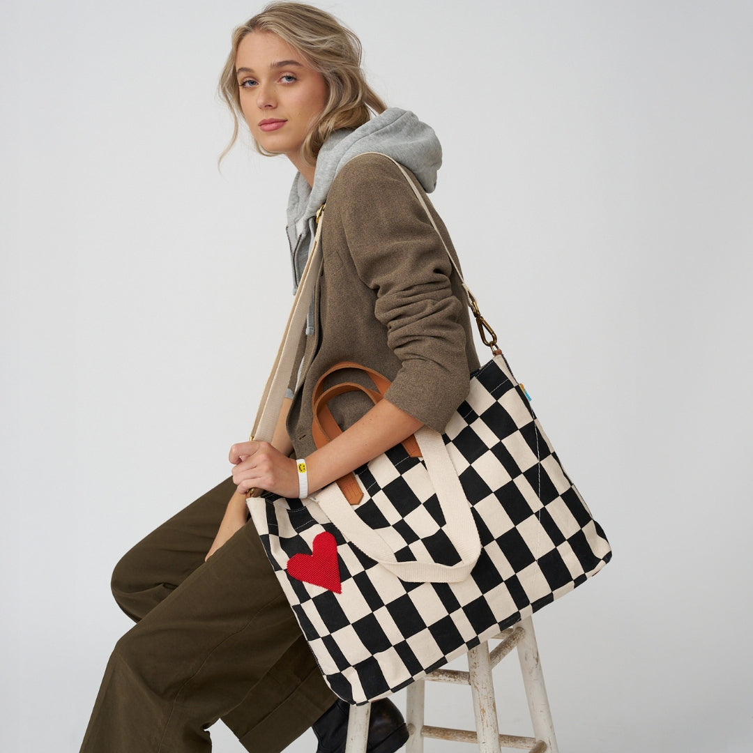 Carryall Bag - Black Checker with Red Beaded Heart