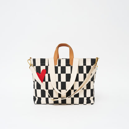 Carryall Bag - Black Checker with Red Beaded Heart