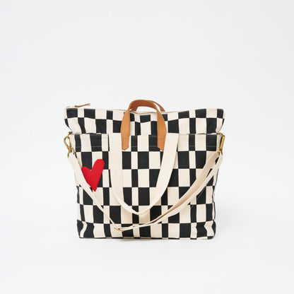 Carryall Bag - Black Checker with Red Beaded Heart