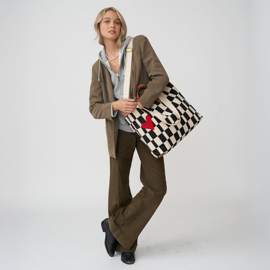 Carryall Bag - Black Checker with Red Beaded Heart