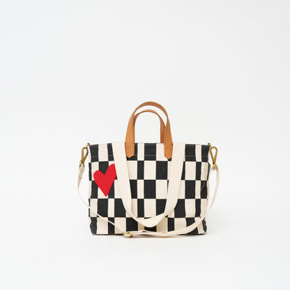 Commuter Bag - Black Checker with Red Beaded Heart