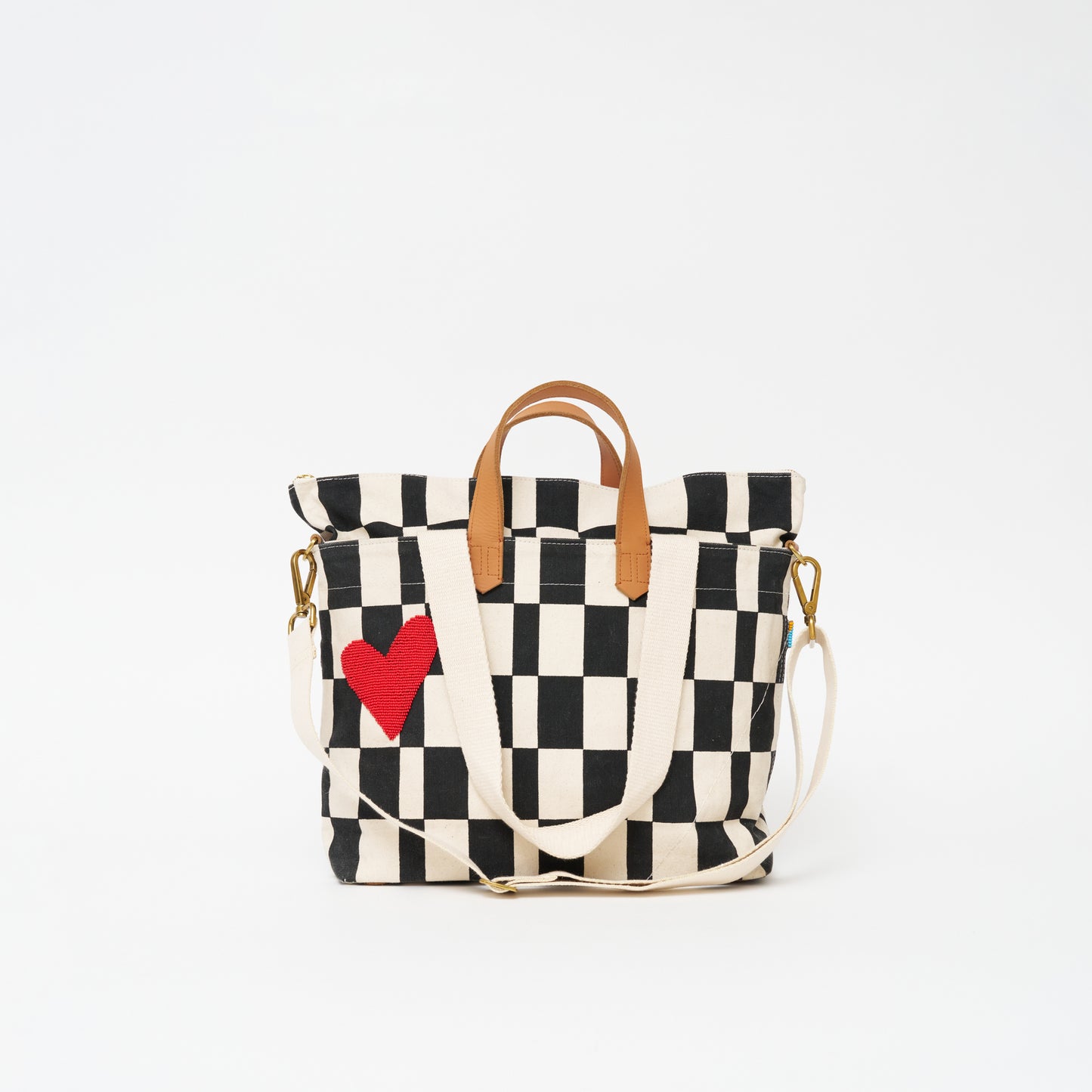 Commuter Bag - Black Checker with Red Beaded Heart