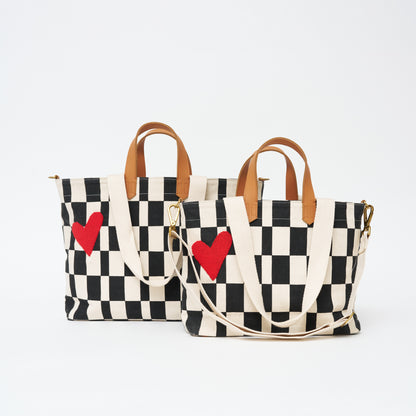 Commuter Bag - Black Checker with Red Beaded Heart