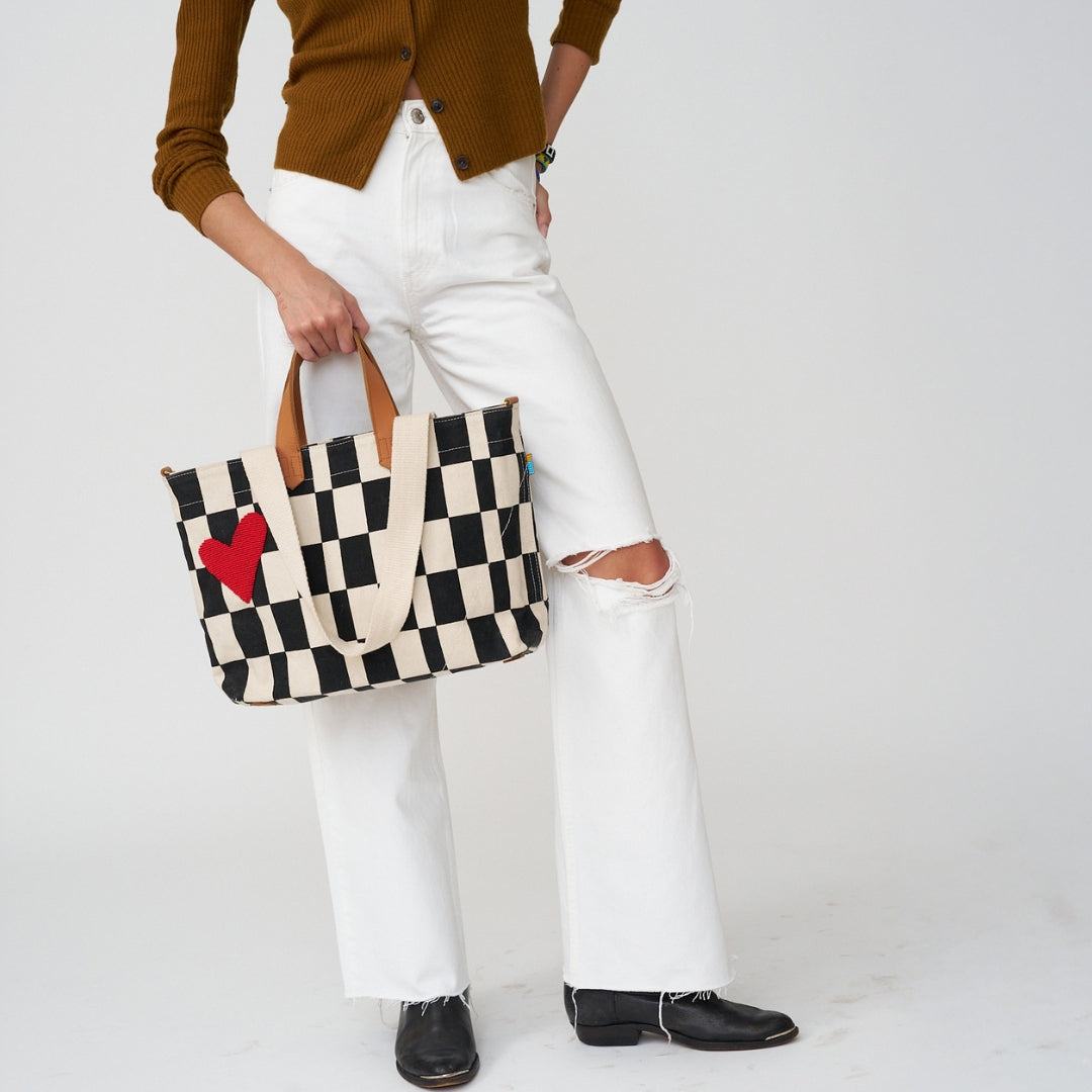 Commuter Bag - Black Checker with Red Beaded Heart