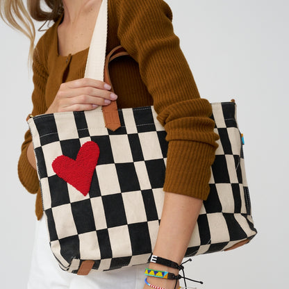 Commuter Bag - Black Checker with Red Beaded Heart