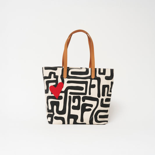 Go-To Tote - Black Kuba with Beaded Red Heart