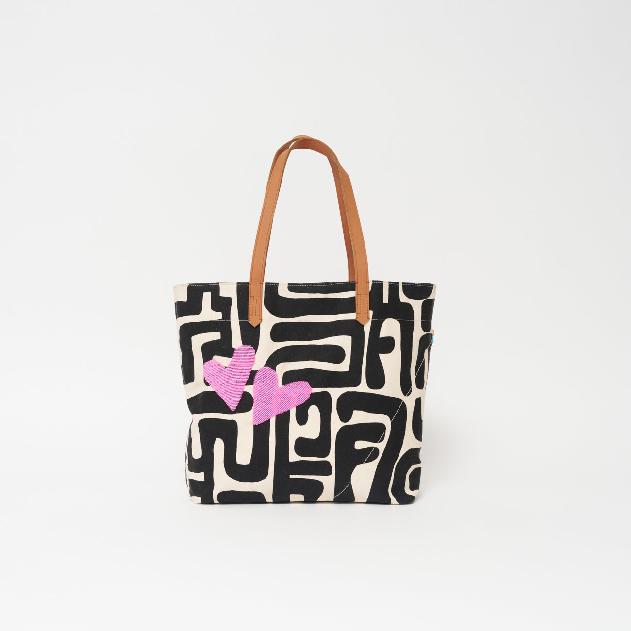 Go-To Tote - Black Kuba with Beaded Pink Hearts