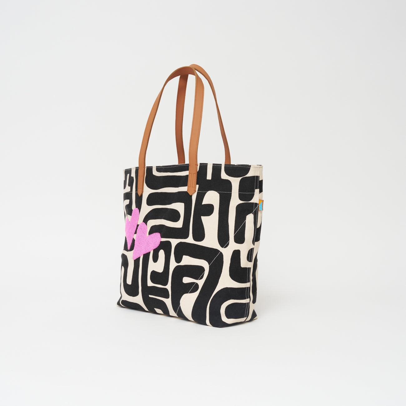 Go-To Tote - Black Kuba with Beaded Pink Hearts