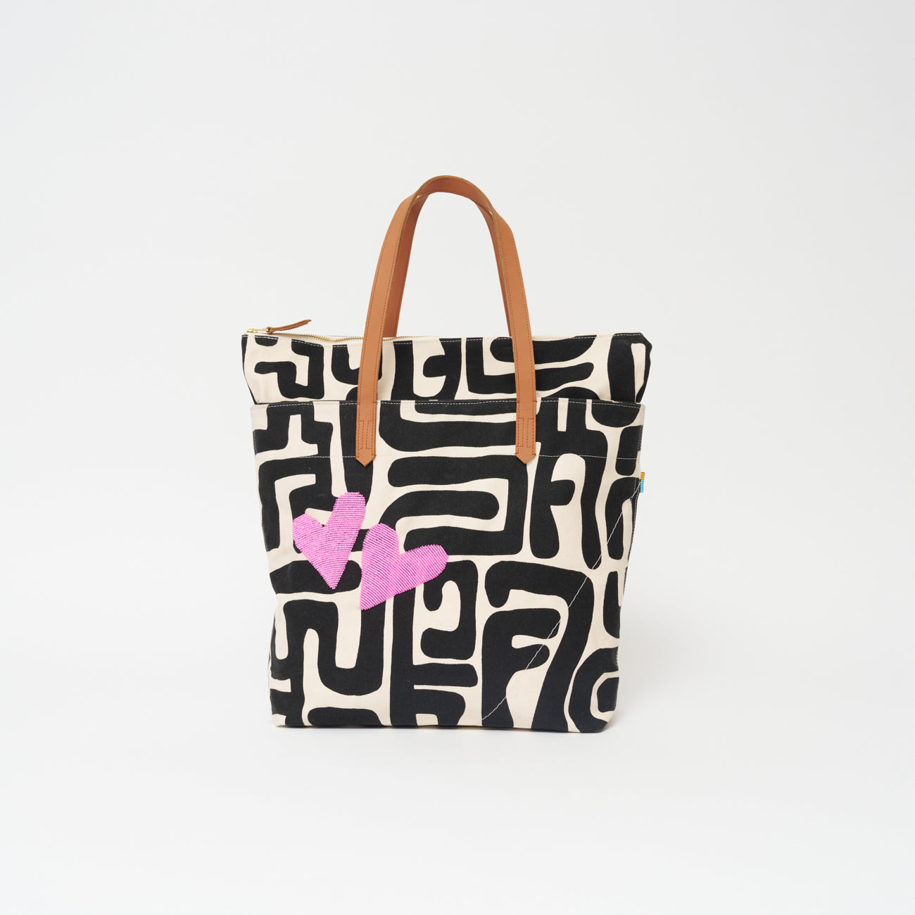 Go-To Tote - Black Kuba with Beaded Pink Hearts