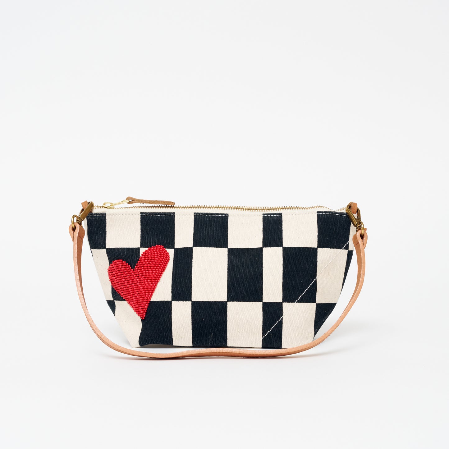 Large Convertible Pouch - Black Checker with Red Beaded Heart