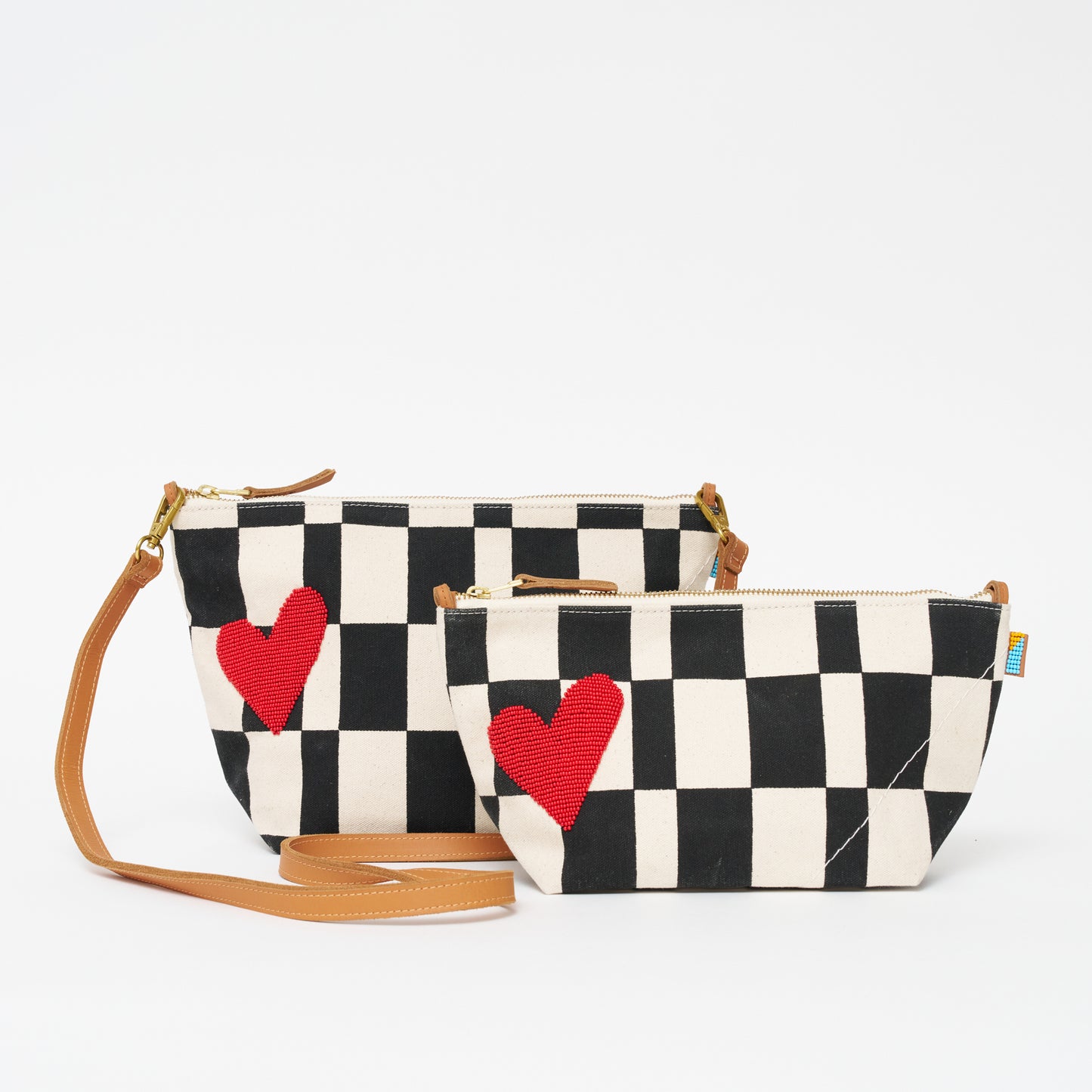 Large Convertible Pouch - Black Checker with Red Beaded Heart