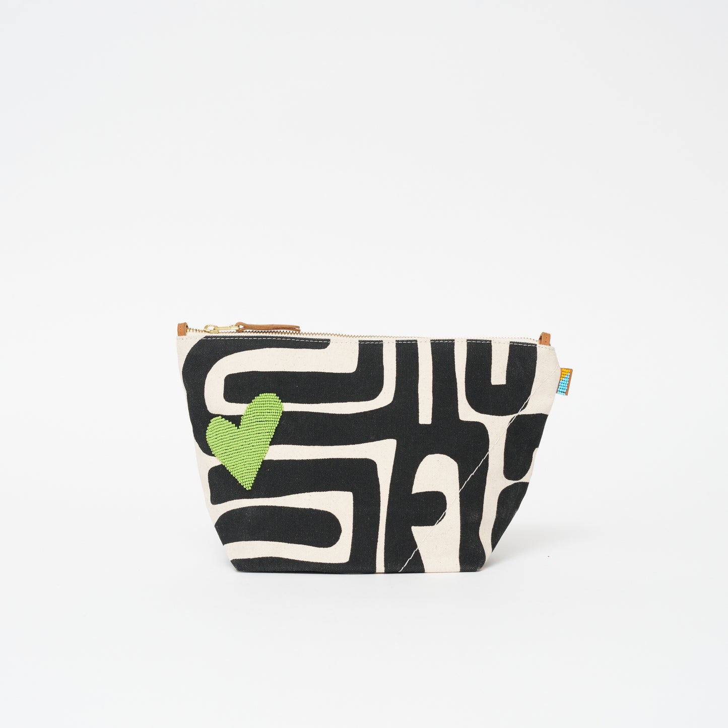 XLarge Convertible Pouch - Black Kuba with Beaded Lime Green Heart