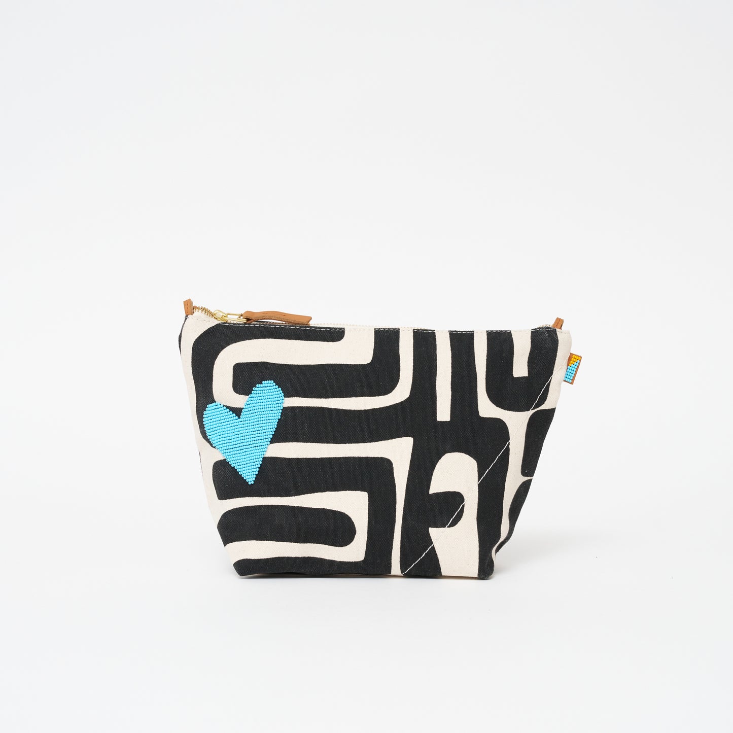 XLarge Convertible Pouch - Black Kuba with Beaded Turquoise Heart