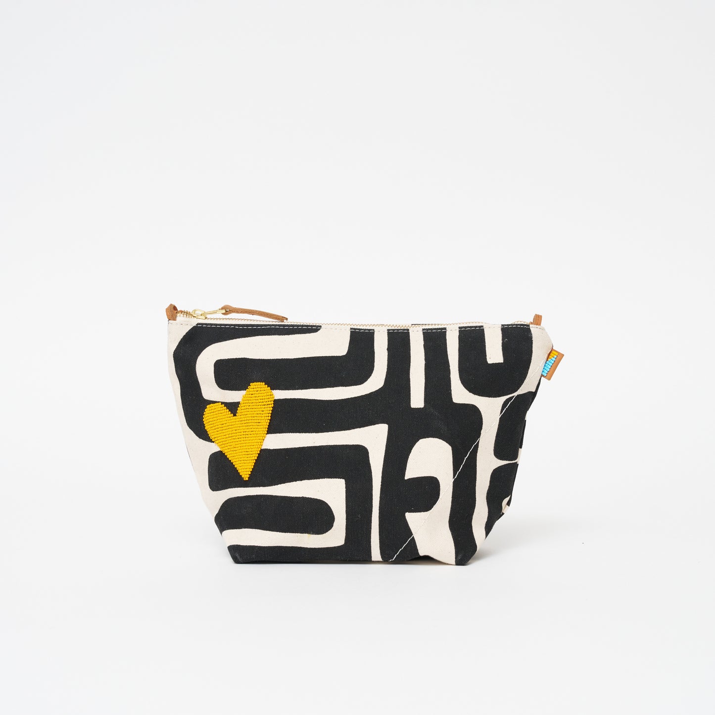 XLarge Convertible Pouch - Black Kuba with Beaded Tangerine Heart