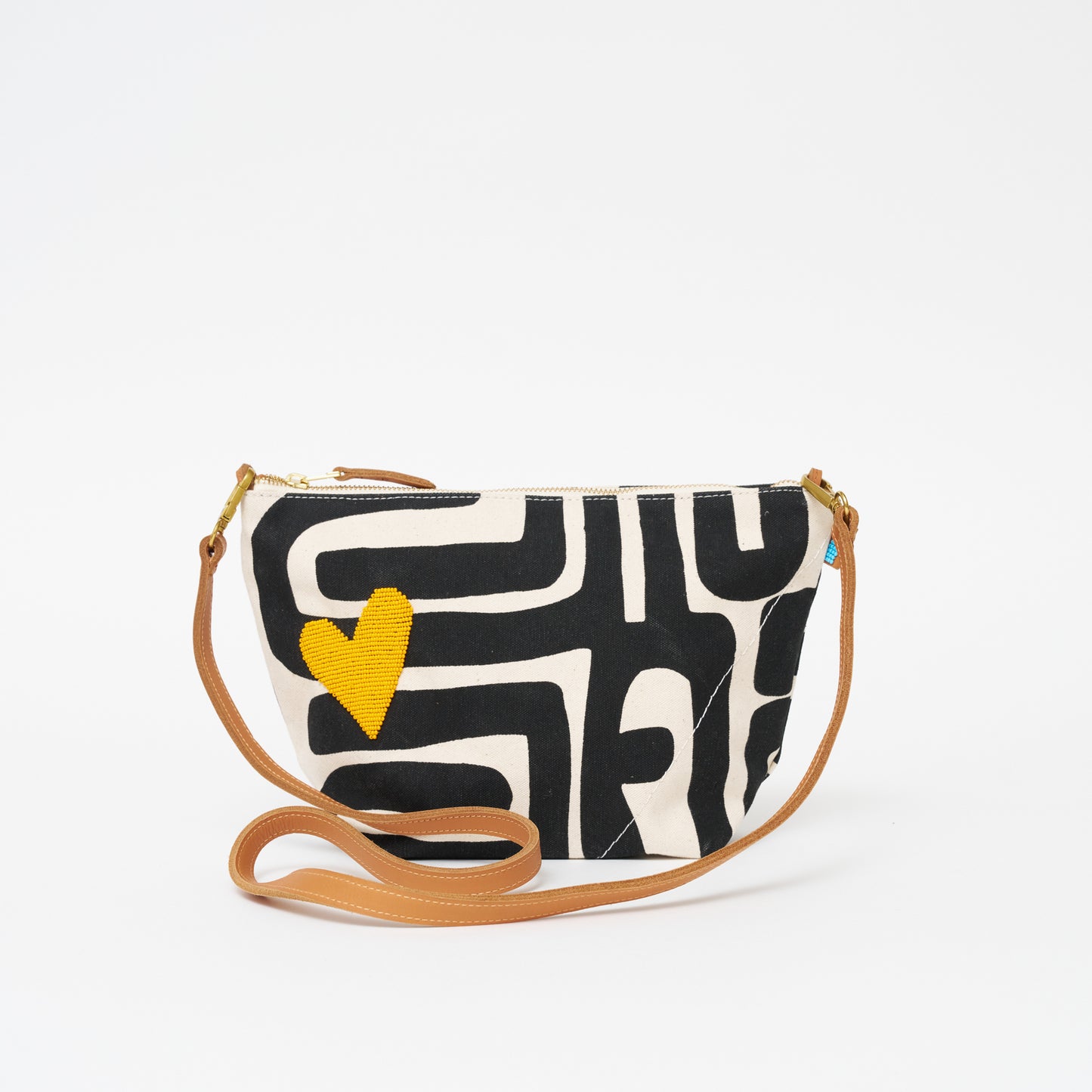 XLarge Convertible Pouch - Black Kuba with Beaded Tangerine Heart