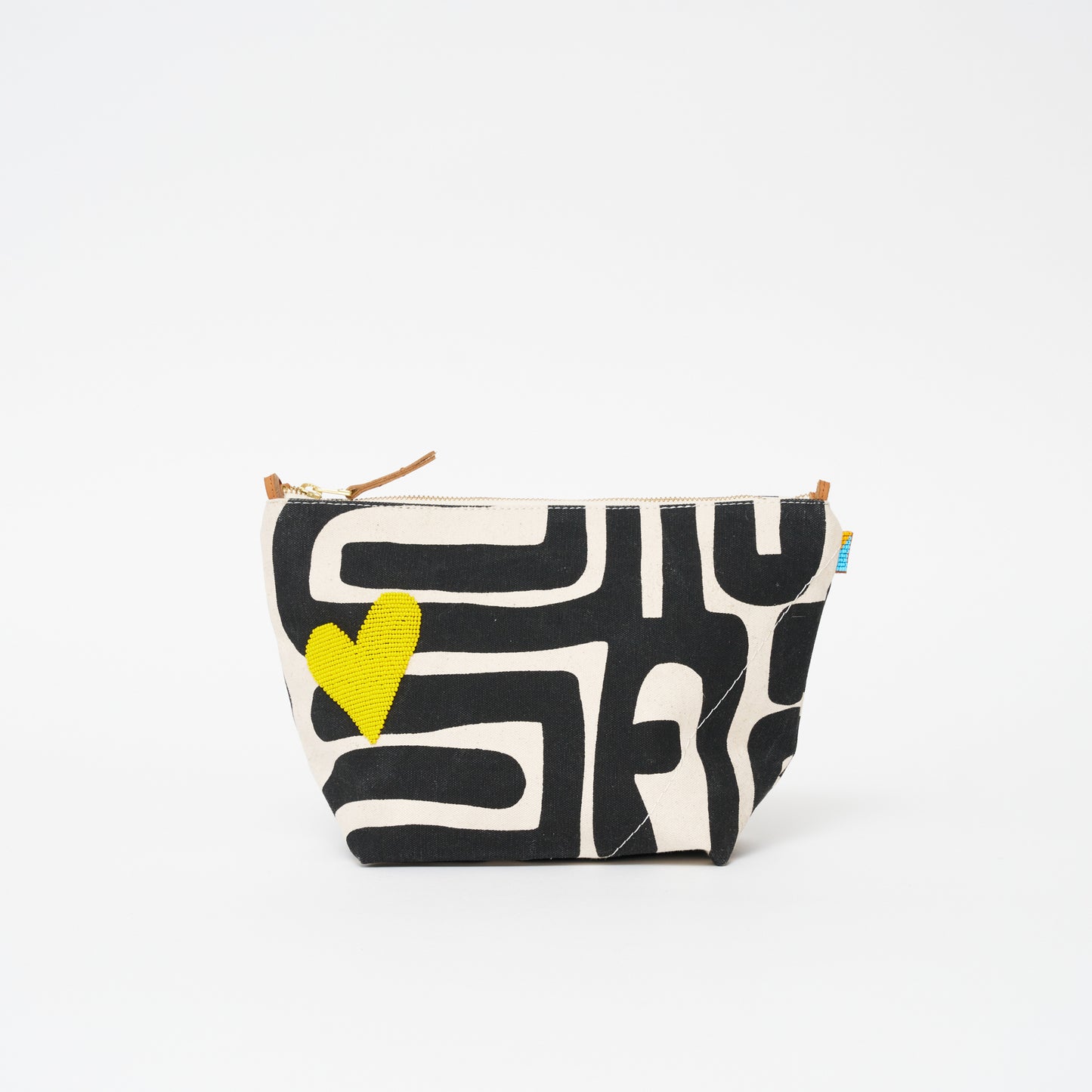 XLarge Convertible Pouch - Black Kuba with Beaded Yellow Heart