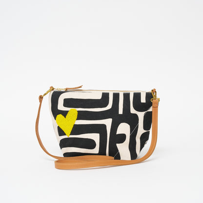 XLarge Convertible Pouch - Black Kuba with Beaded Yellow Heart