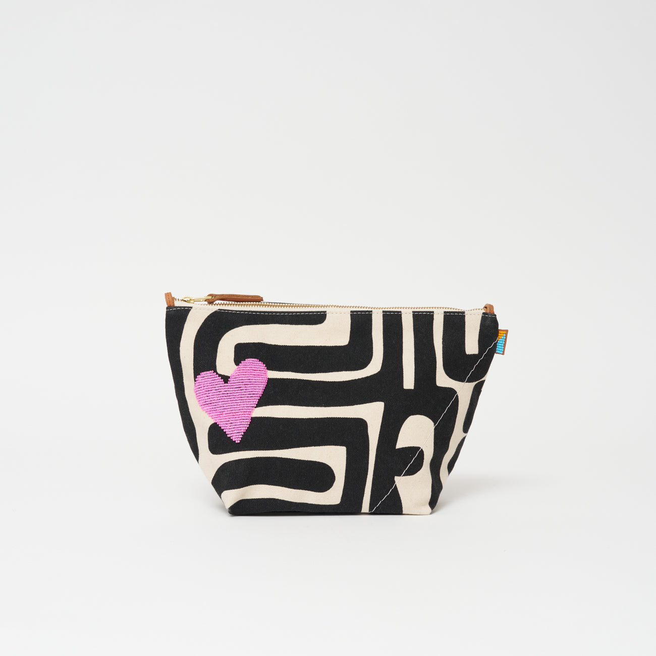 XLarge Convertible Pouch - Black Kuba with Beaded Pink Heart