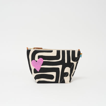 XLarge Convertible Pouch - Black Kuba with Beaded Pink Heart