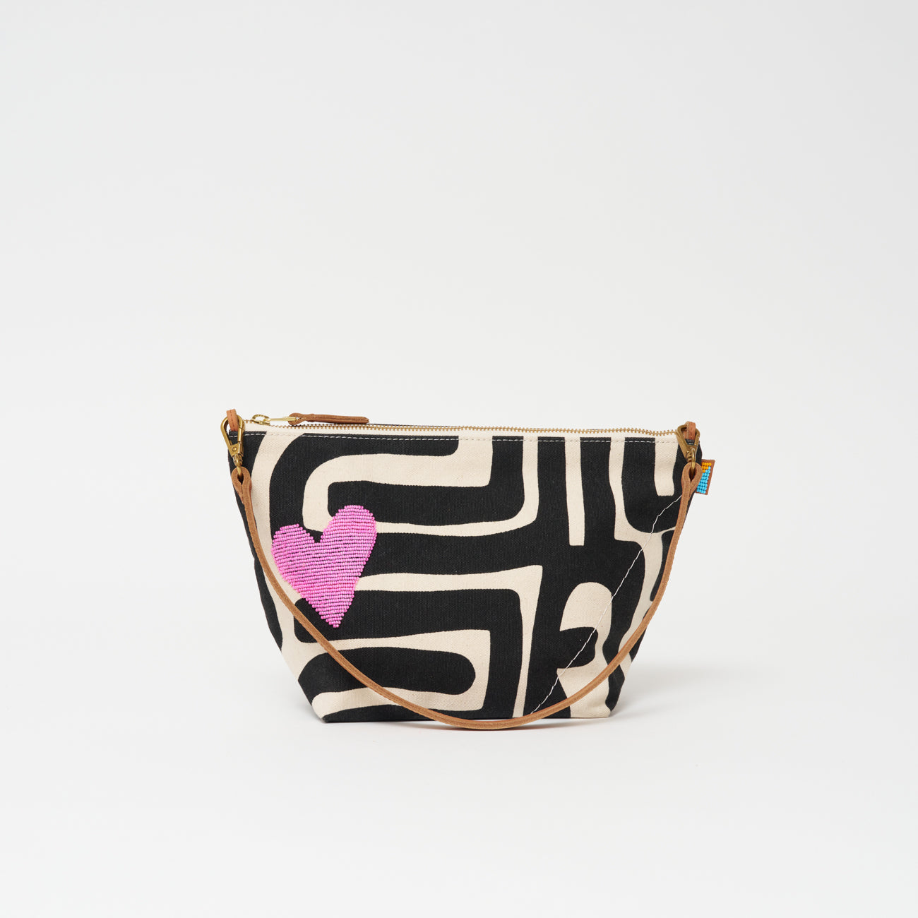 XLarge Convertible Pouch - Black Kuba with Beaded Pink Heart