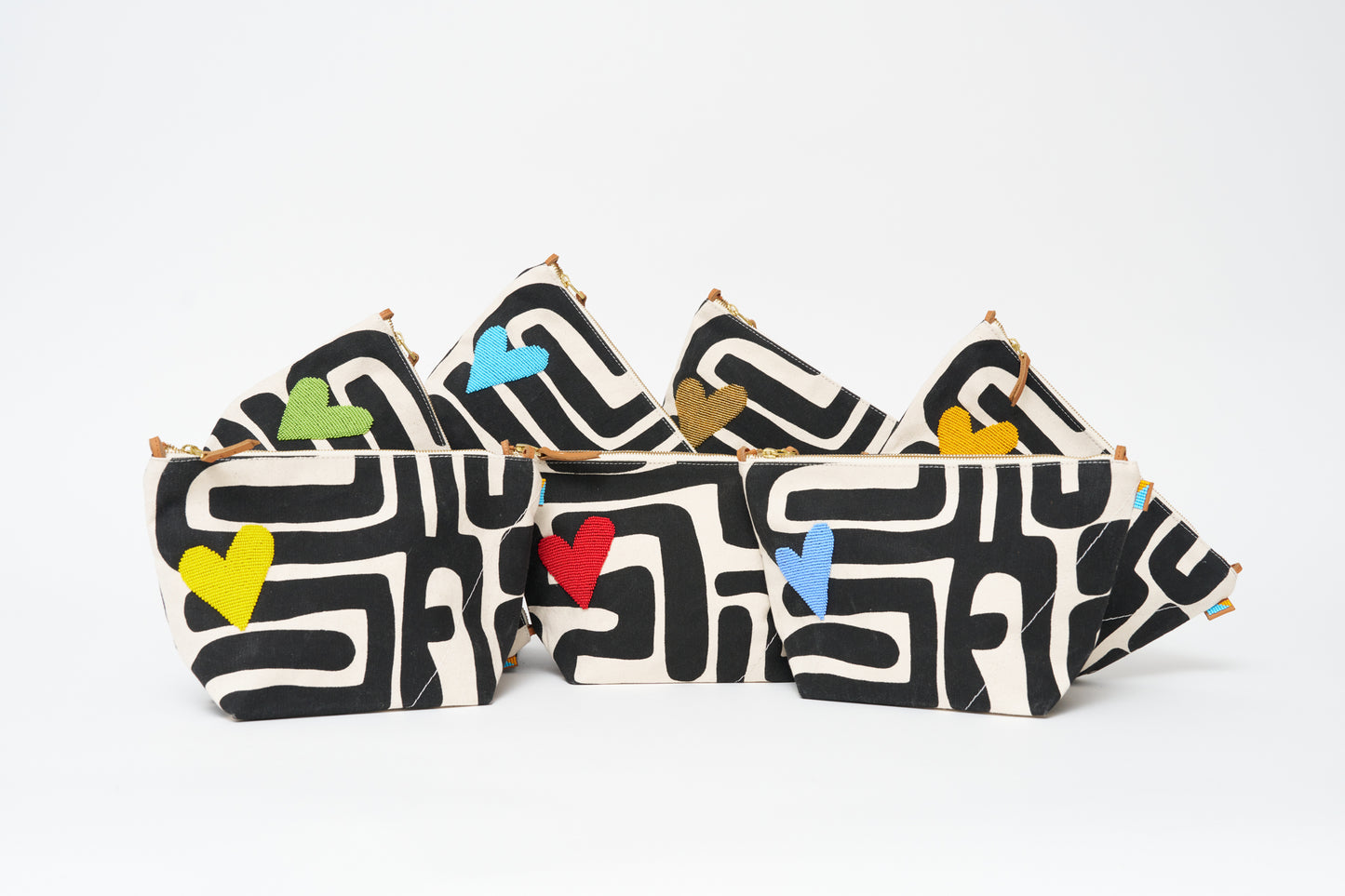 XLarge Convertible Pouch - Black Kuba with Beaded Lime Green Heart