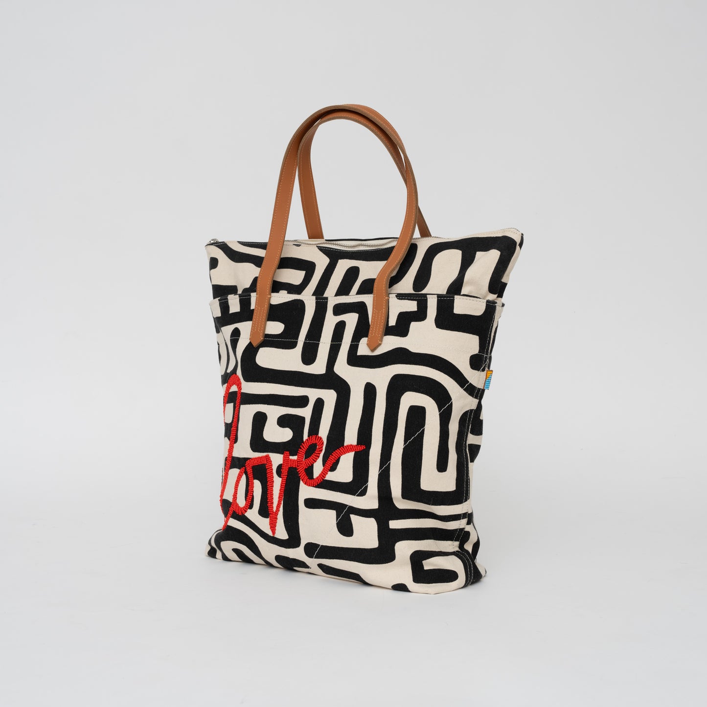 Go-To Tote - Black Kuba with Beaded Red Love