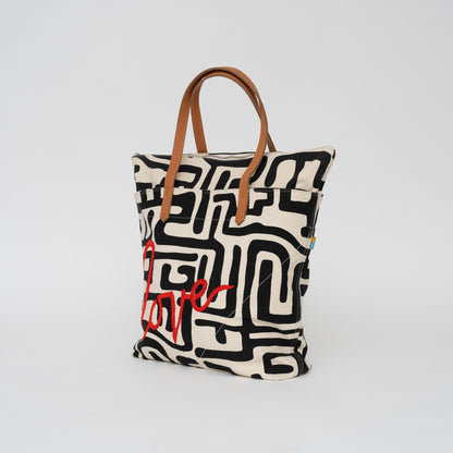 Go-To Tote - Black Kuba with Beaded Red Love