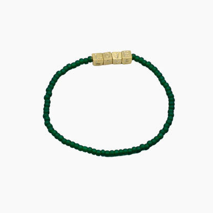 FINAL SALE: Elastic Single Strand with Cube Brass LOVE Beads - Green