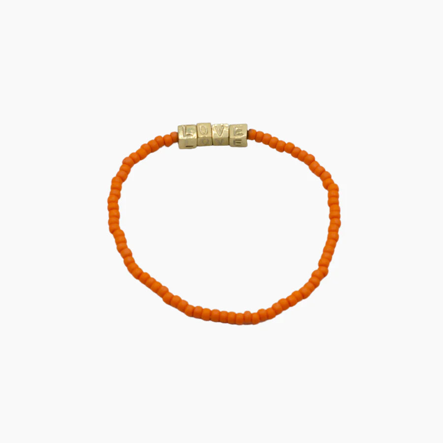 FINAL SALE: Elastic Single Strand with Cube Brass LOVE Beads - Orange